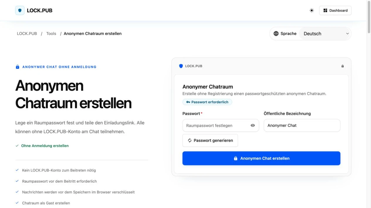 Tatsächliches LOCK.PUB-Formular zur Chaterstellung mit leerem Passwortfeld und voreingestelltem öffentlichem Raumnamen