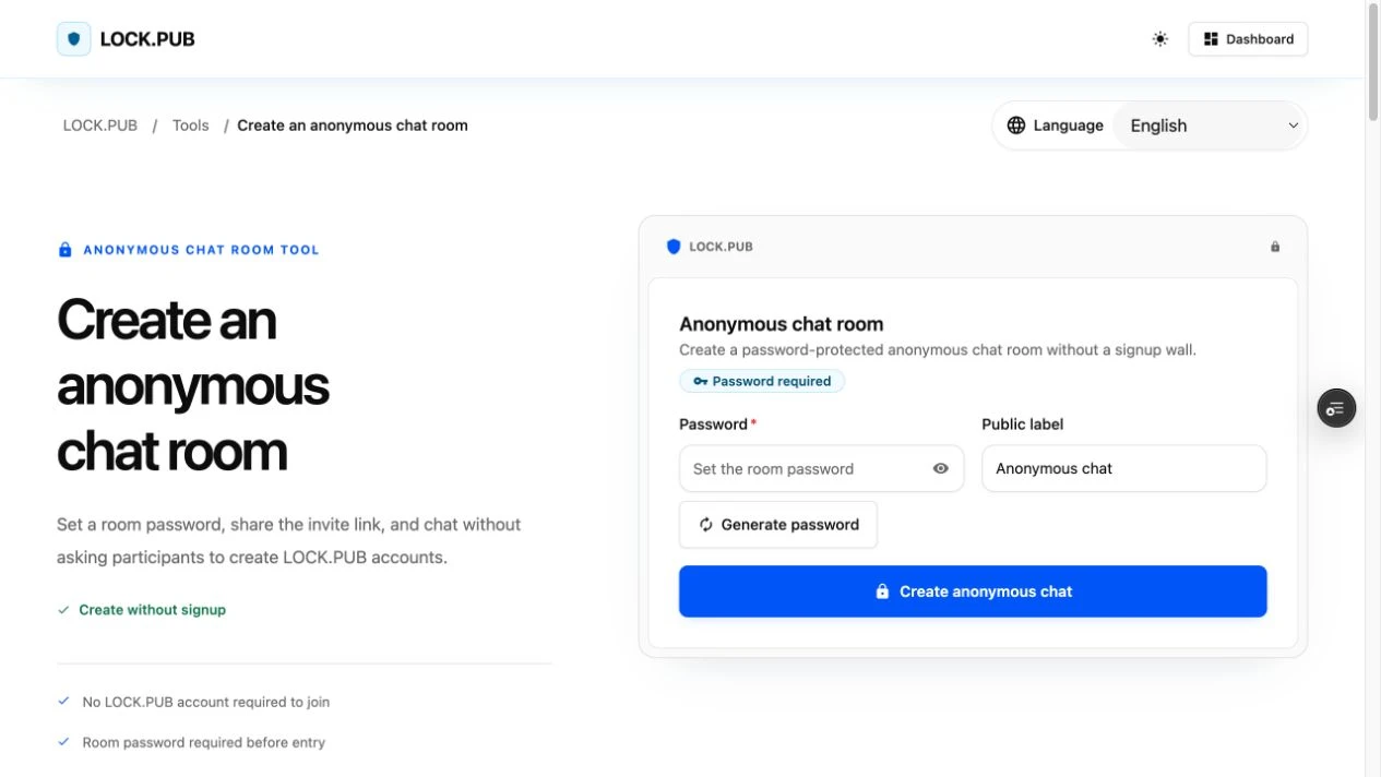 LOCK.PUB anonymous chat creation form with an empty password field and default public label