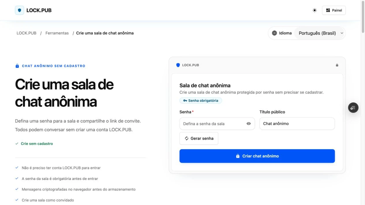 Formulário real de criação de chat do LOCK.PUB com senha vazia e nome público padrão