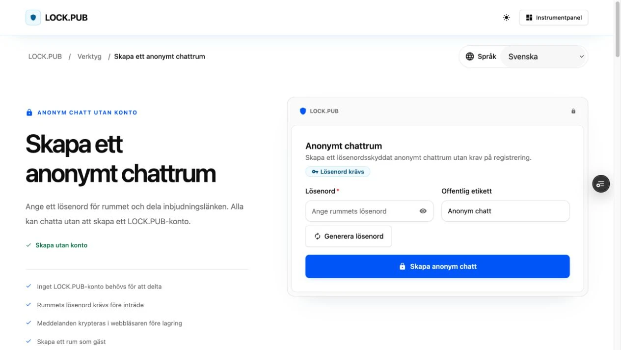 Det riktiga formuläret för att skapa en LOCK.PUB-chatt, med tomt lösenordsfält och förvalt offentligt rumsnamn
